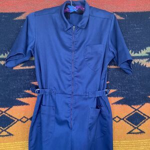Vintage Women’s Utility Jumpsuit. Pockets. Talon Zip Up. USA. Blue. Collar.